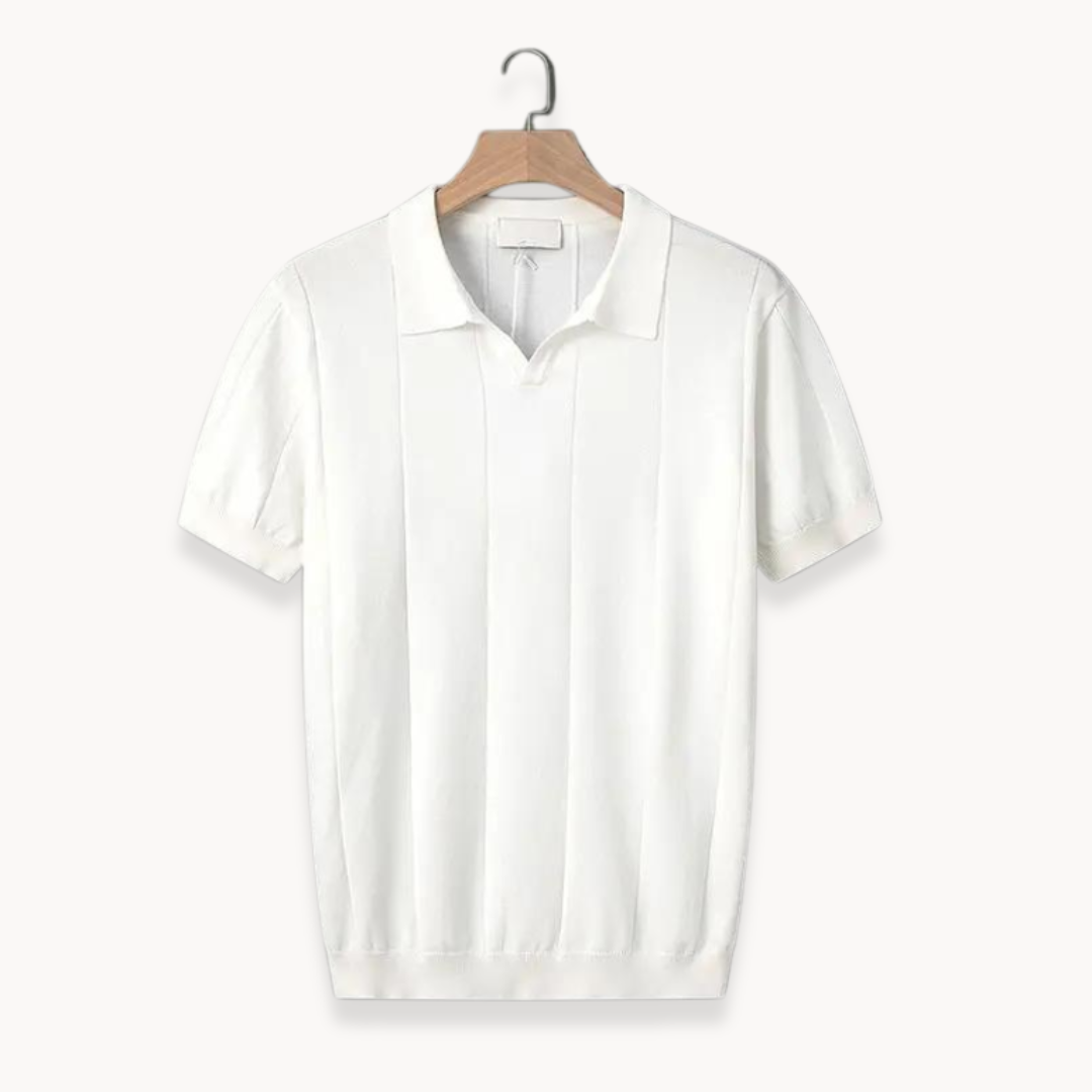 Men's terracotta knitted polo shirt with open v-neck and fine knit