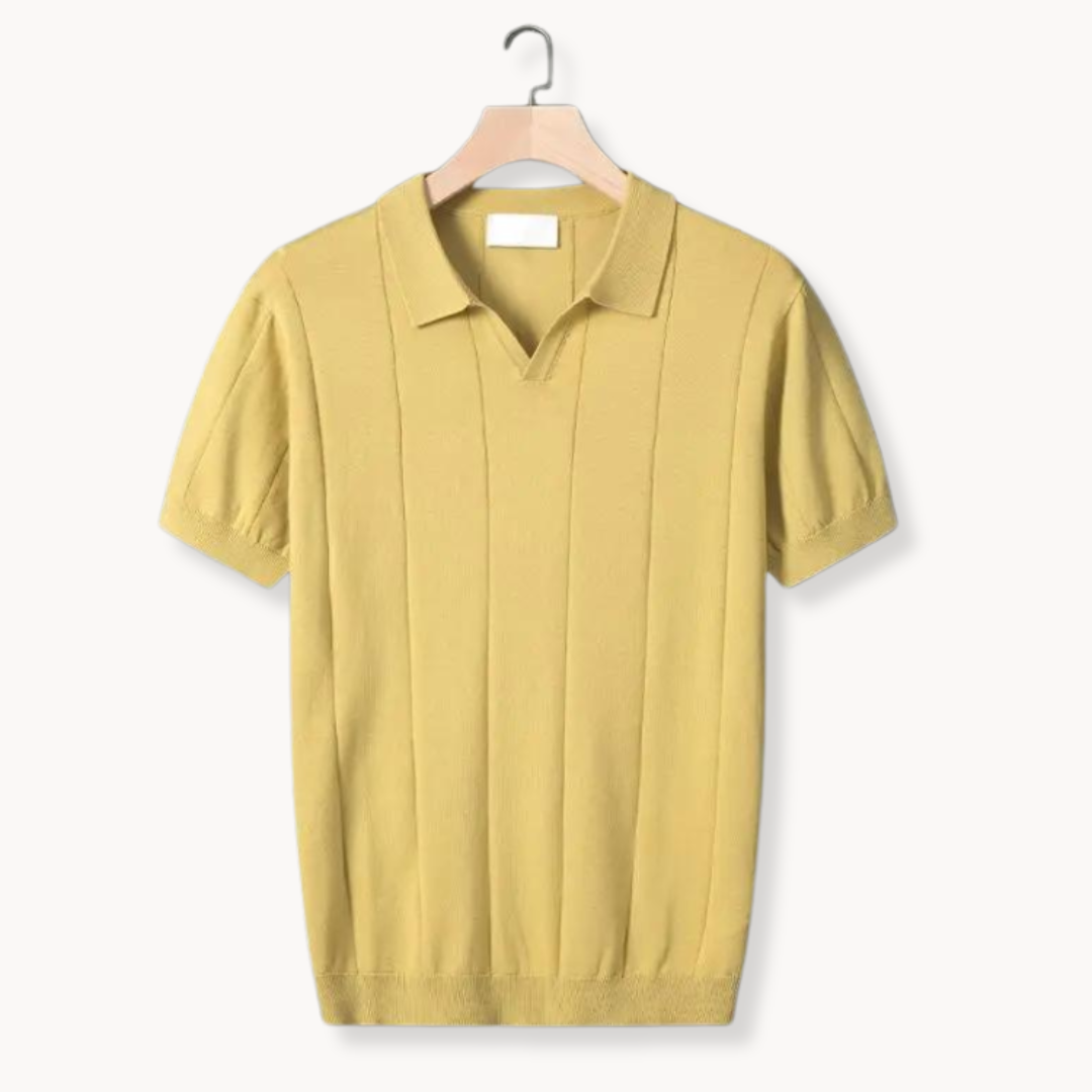 Men's terracotta knitted polo shirt with open v-neck and fine knit