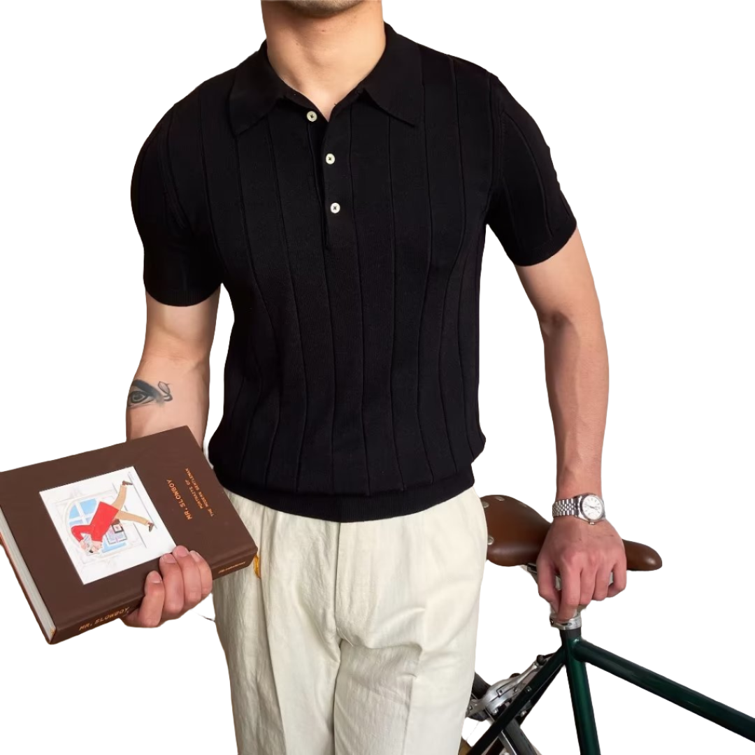 Men's white knitted polo shirt with fine ribbed texture