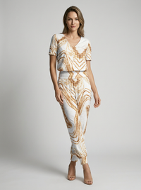 Rachel | Women's Printed Two Piece Set with V-Neck Blouse and Lightweight Pants