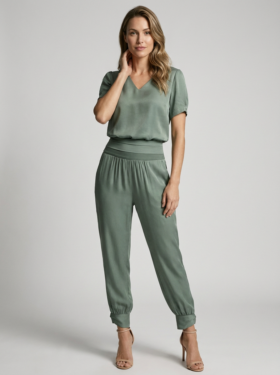 Women's green and pink striped printed two piece set with v-neck blouse and pants