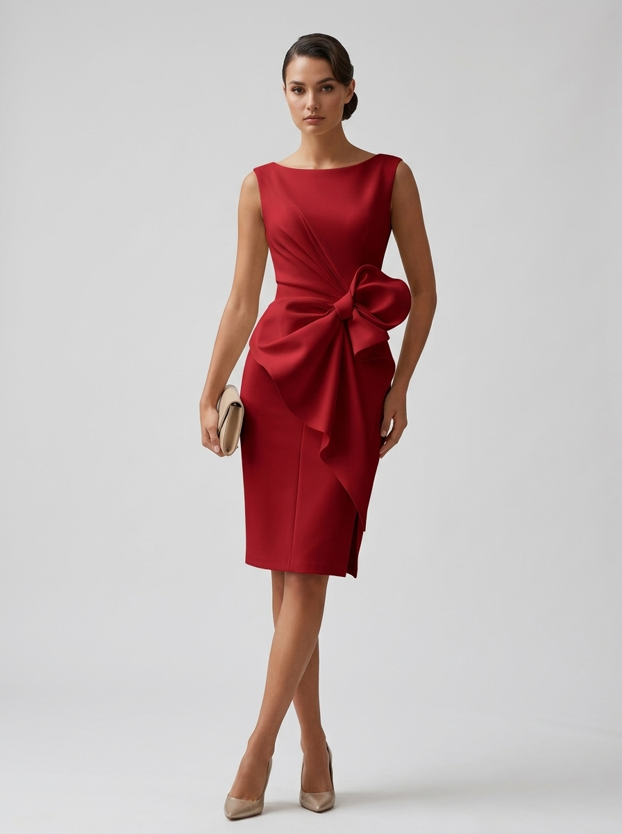 Women's white draped midi dress with bow detail