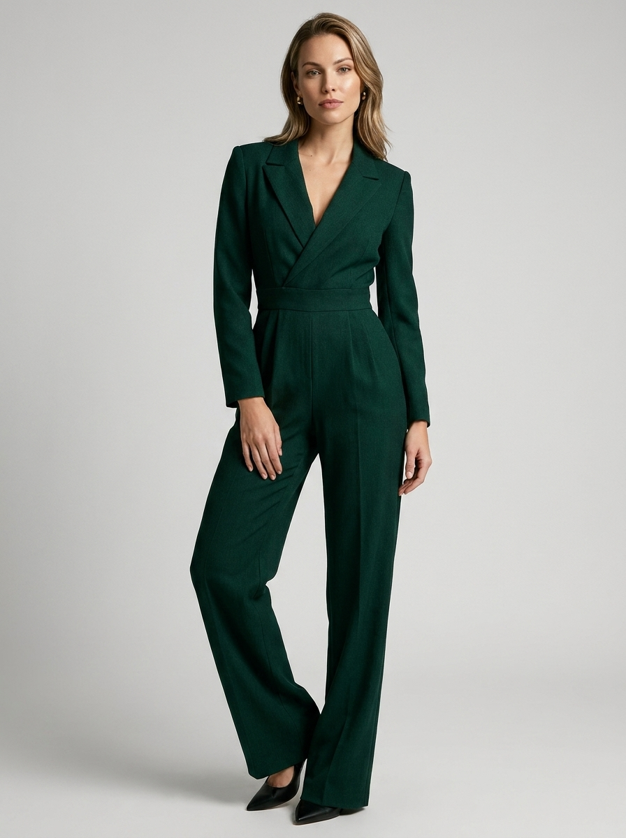 Women's red tailored wide leg jumpsuit with lapels
