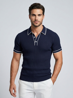 Men's navy blue ribbed polo shirt with contrast trim detail
