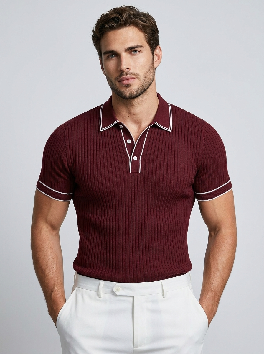 Men's navy blue ribbed polo shirt with contrast trim detail
