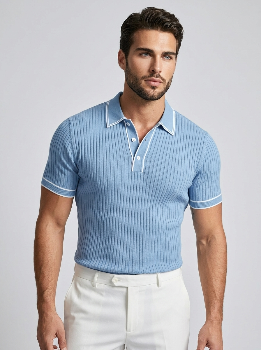 Men's navy blue ribbed polo shirt with contrast trim detail