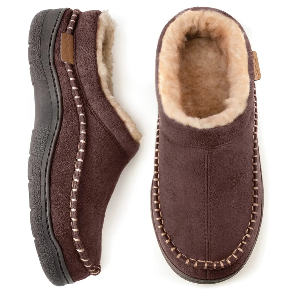 Men's beige warm lined slippers with non-slip sole