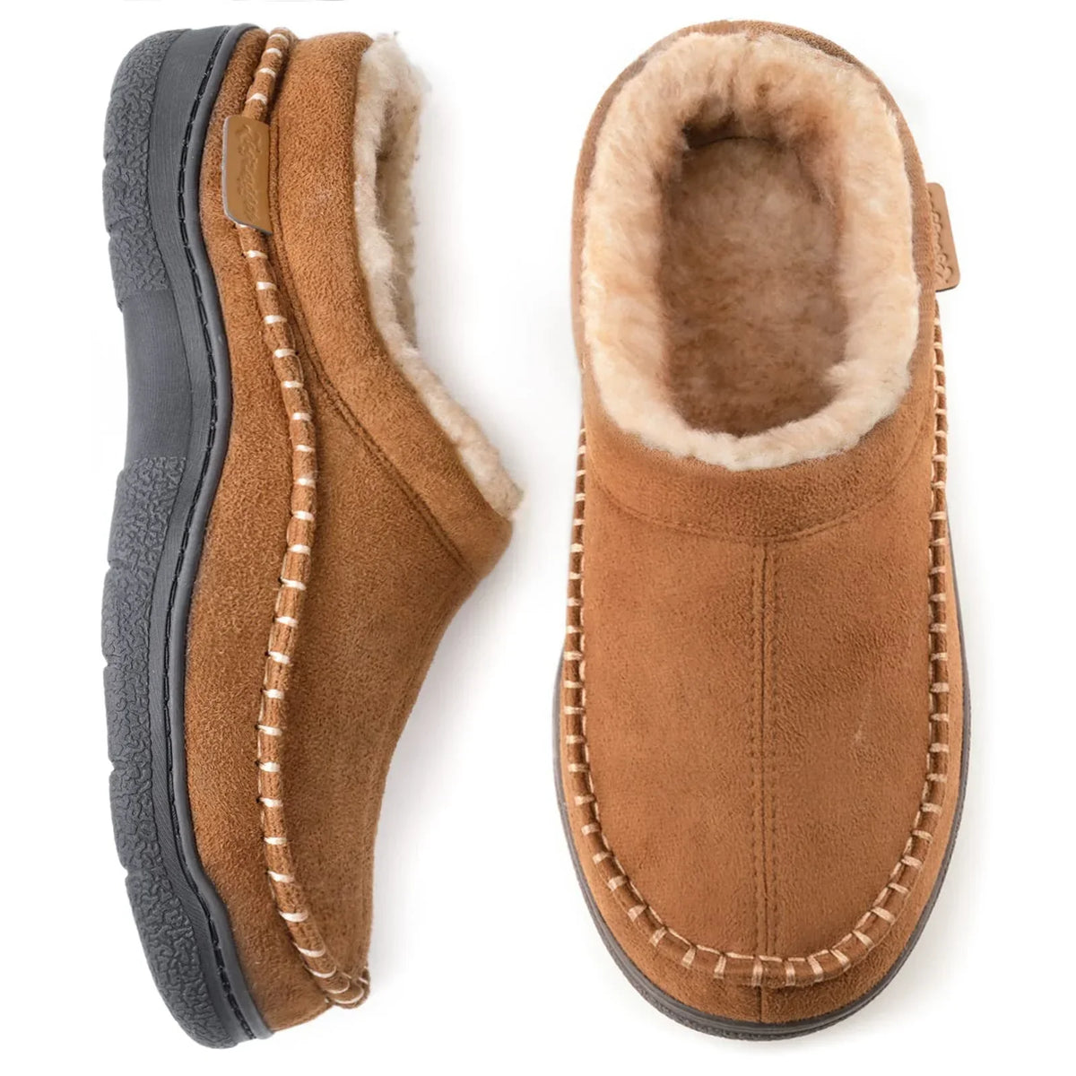 Men's beige warm lined slippers with non-slip sole