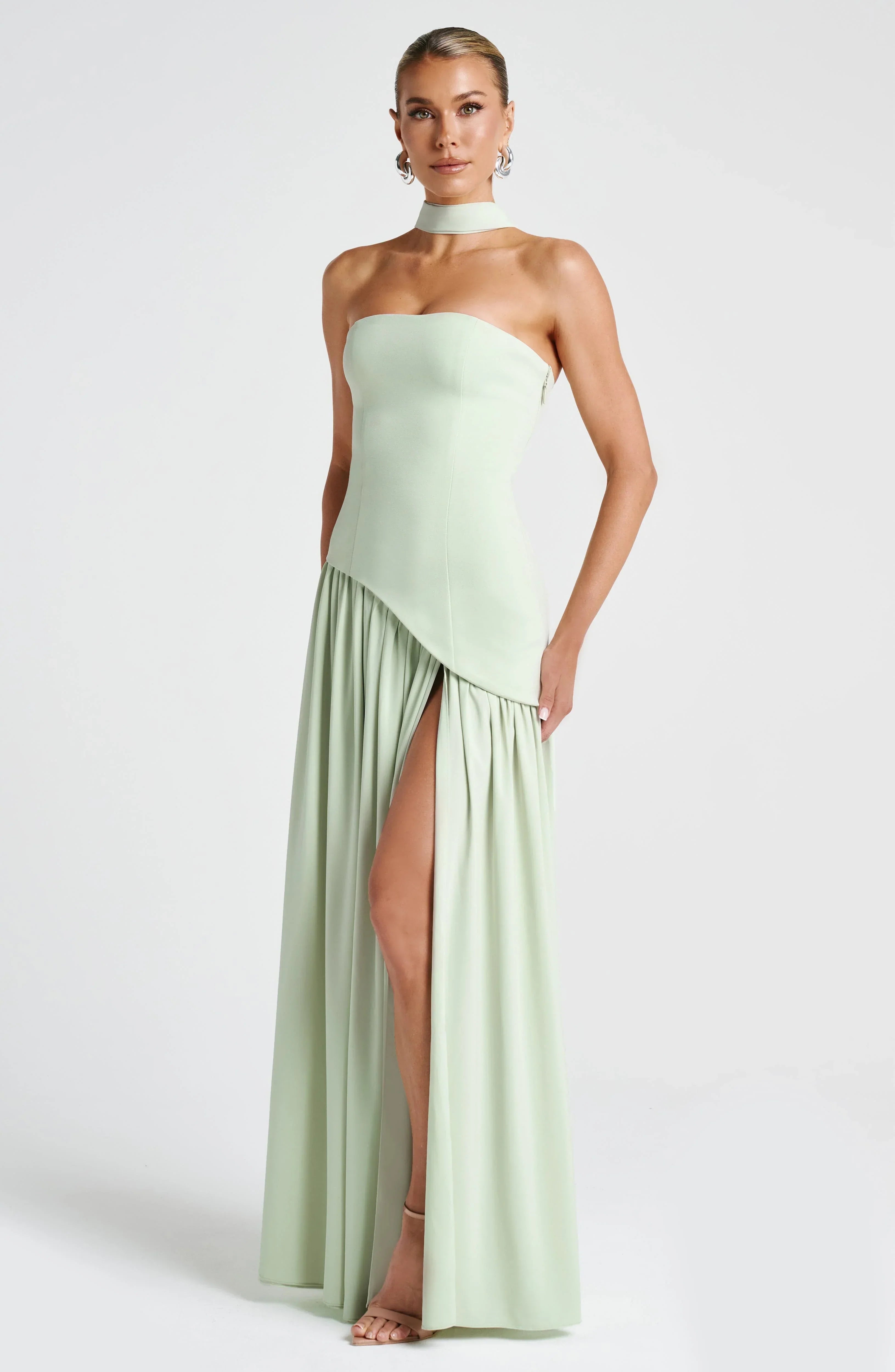 Women's light green strapless maxi dress with side slit and scarf detail