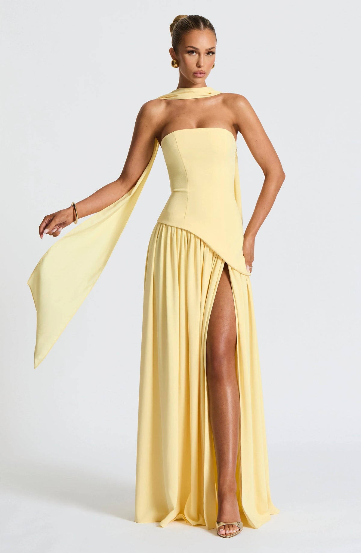 Women's rose strapless maxi dress with side slit and scarf detail
