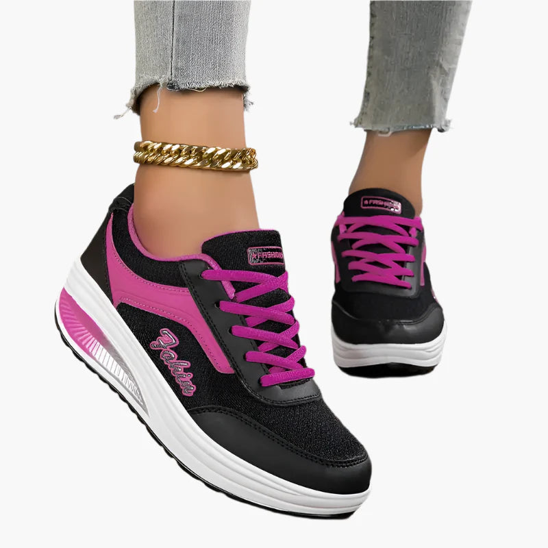 Women's black comfort sneakers with air cushion sole and lace-up upper